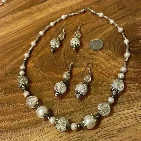 Crystal and Silver Colored Glass Bead and Faux Pearl Earrings and Neckla… - Picture 5 of 5